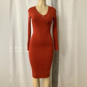 Elegant Long Sleeve Buttoned Dress in Orange